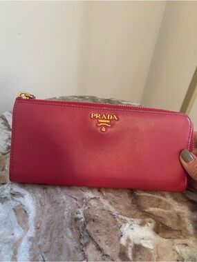 Prada Saffiano Leather Zip Around Continental Long Wallet Pink Coral Gold Logo